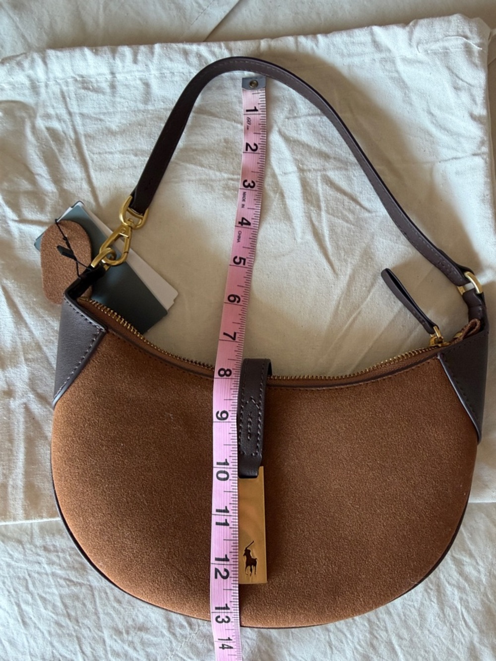 Alternative suede Chestnut Crescent Shoulder Bag with Dark Brown Trim - Picture 2 of 7